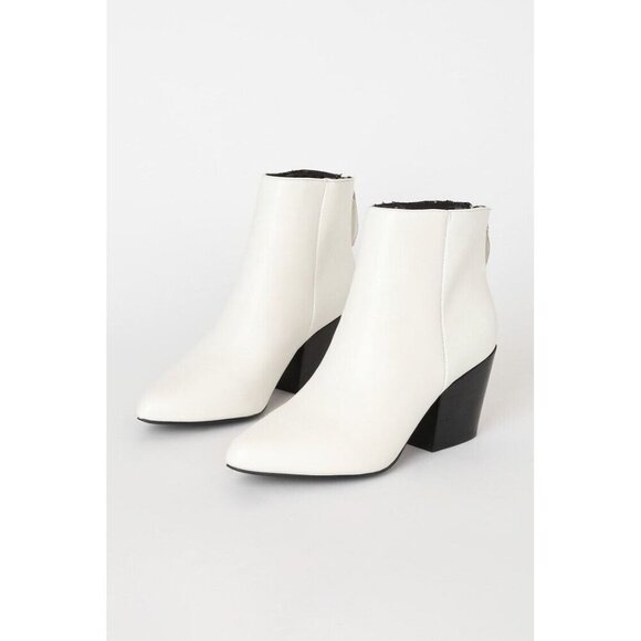 LULUS Brya White Vegan Leather Pointed-Toe Chunky Heel Ankle Bootie 7.5 - Picture 2 of 7